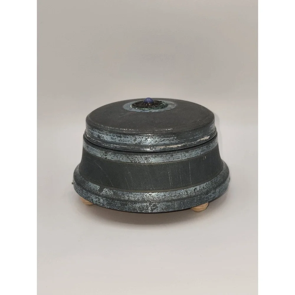 Musical Powder Box Metal Patina Blue Stone Round‎ Footed Vanity Box
